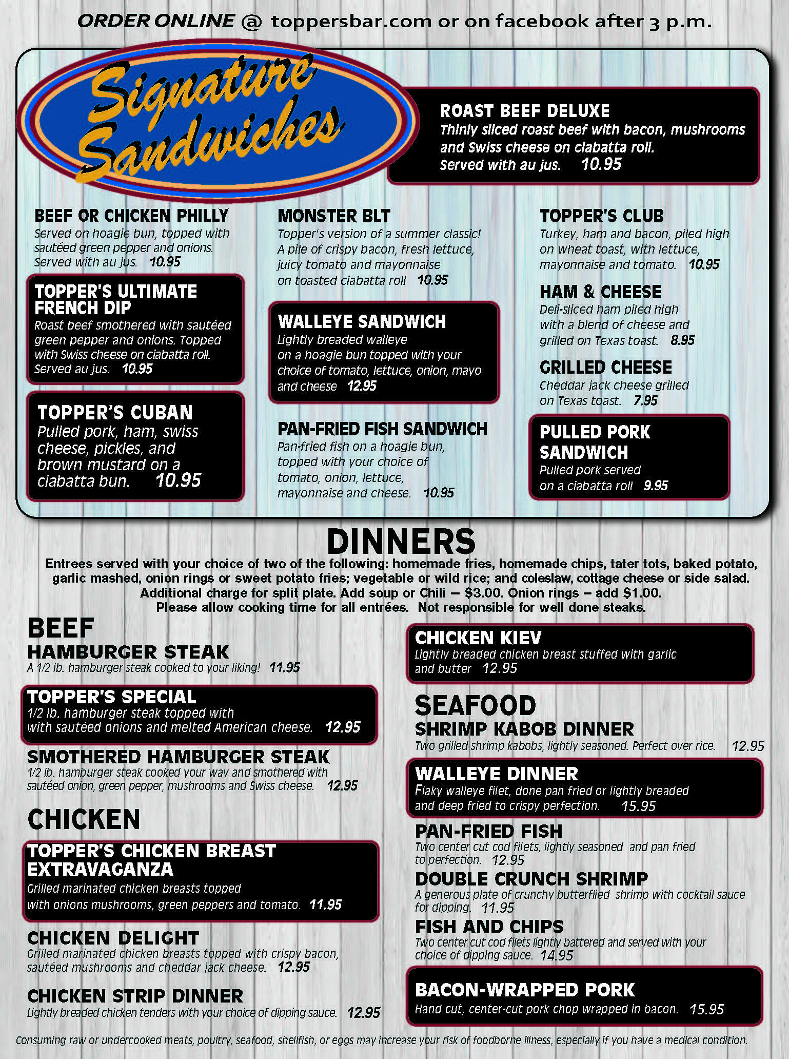 Menus & Ordering | Topper's Bar & Grill